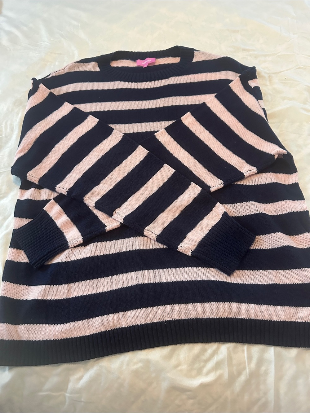Edikted Navy and Pale Pink Striped Crewneck Sweater